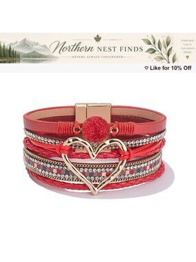 Boho Leather Wrap Bracelet Stackable Cuff Heart Rhinestone Magnetic Clasp